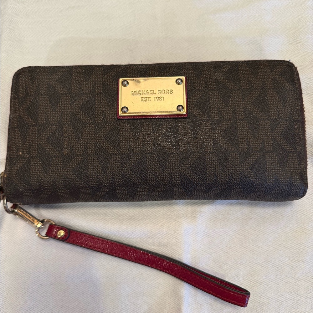 Michael Kors Dark Brown Wallet with Red Accent